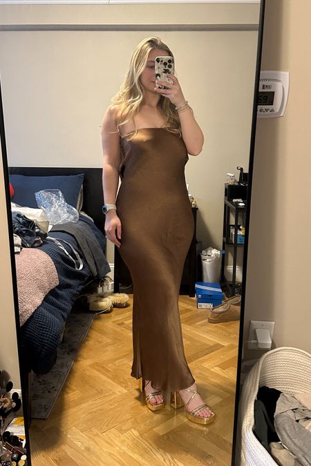 such a good wedding guest dress - I’m obsessed. Comes in so many colors and could work for formal or black tie optional. Personally loving the gold heels with the brown satin 🤌🏼 on sale right now!! 

#LTKparties #LTKSeasonal #LTKstyletip