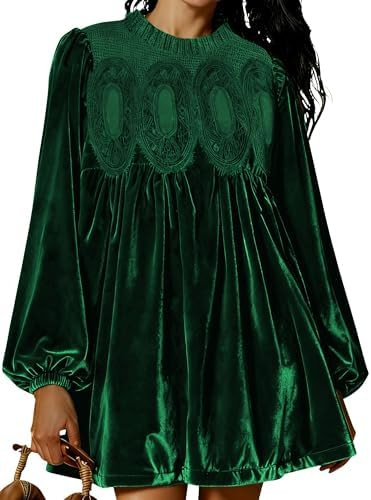 Huaqiao Womens A-Line Velvet Lace Overall Pleated Babydoll Mini Dress Casual Scallop Neck Flared ... | Amazon (US)