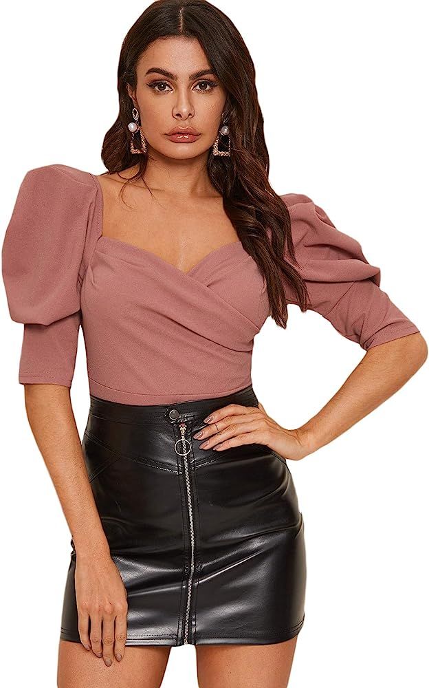 SheIn Women's Sweetheart Neck Casual Puff Half Sleeve Work Blouse Tee Top | Amazon (US)