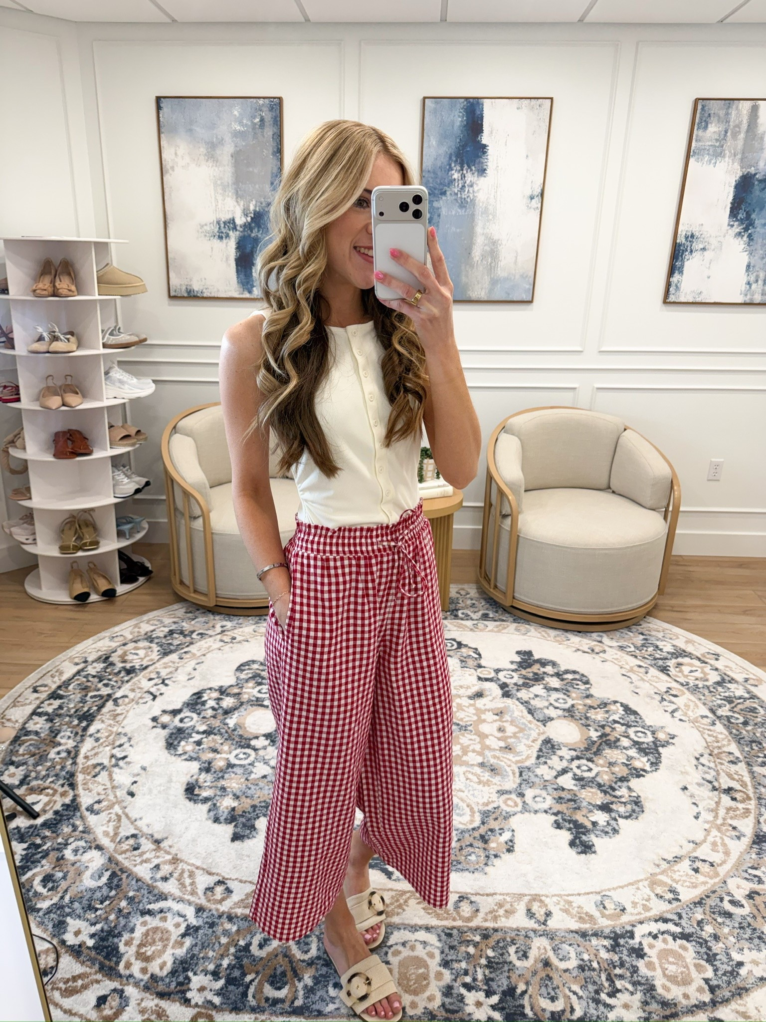 The white button front sleeveless top and red gingham wide leg pants that are giving the most effortless summer energy — and both are Amazon finds ❤️🤍✨ Clean white ribbed button front tank, bold red gingham wide leg pants with a tie waist, and neutral chain slide sandals to finish — fun, feminine, and so put together without any effort.

#LTKootd #LTKSeasonal #LTKWorkwear