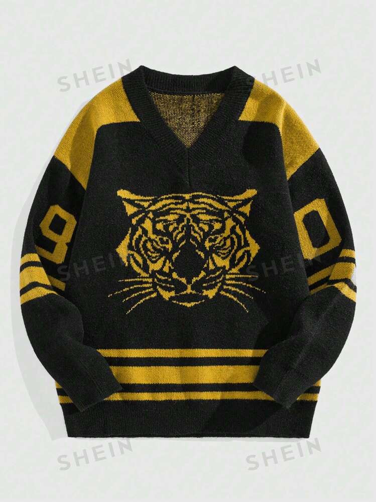 ROMWE Prep Men's Minimalist Daily Tiger Head Print V-Neck Long Sleeve Sweater | SHEIN