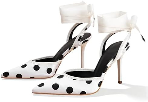 baobeijiadao Polka Dot Heels for Women Pointed Toe Pumps Lace Up Satin Heeled Sandals Womens Stil... | Amazon (US)