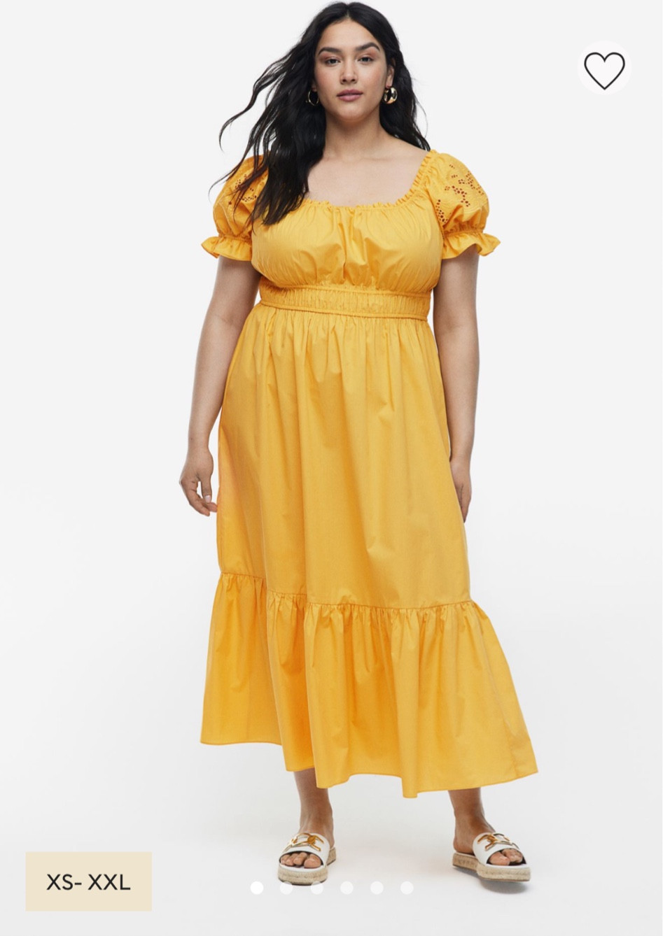 Off the shoulder cotton dress plus size fashion boho chic trendy H&M yellow mustard black white spring summer puffy sleeve a line marigold calf length midi maxi 

#LTKstyletip #LTKcurves #LTKunder50