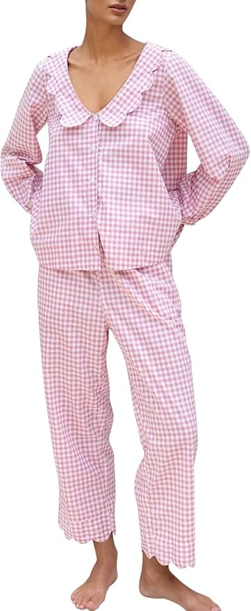 Kissonic Womens Gingham Pajama Set 2 Piece Scalloped Edge Plaid Babydoll Pjs Long Sleeve Cotton S... | Amazon (US)
