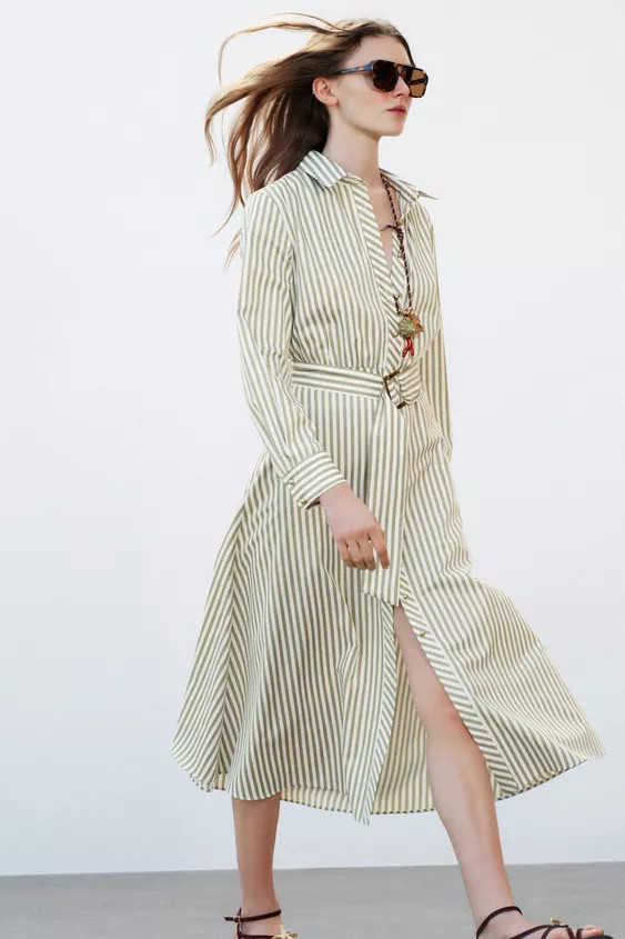 STRIPED MIDI DRESS WITH BELT | Zara UK