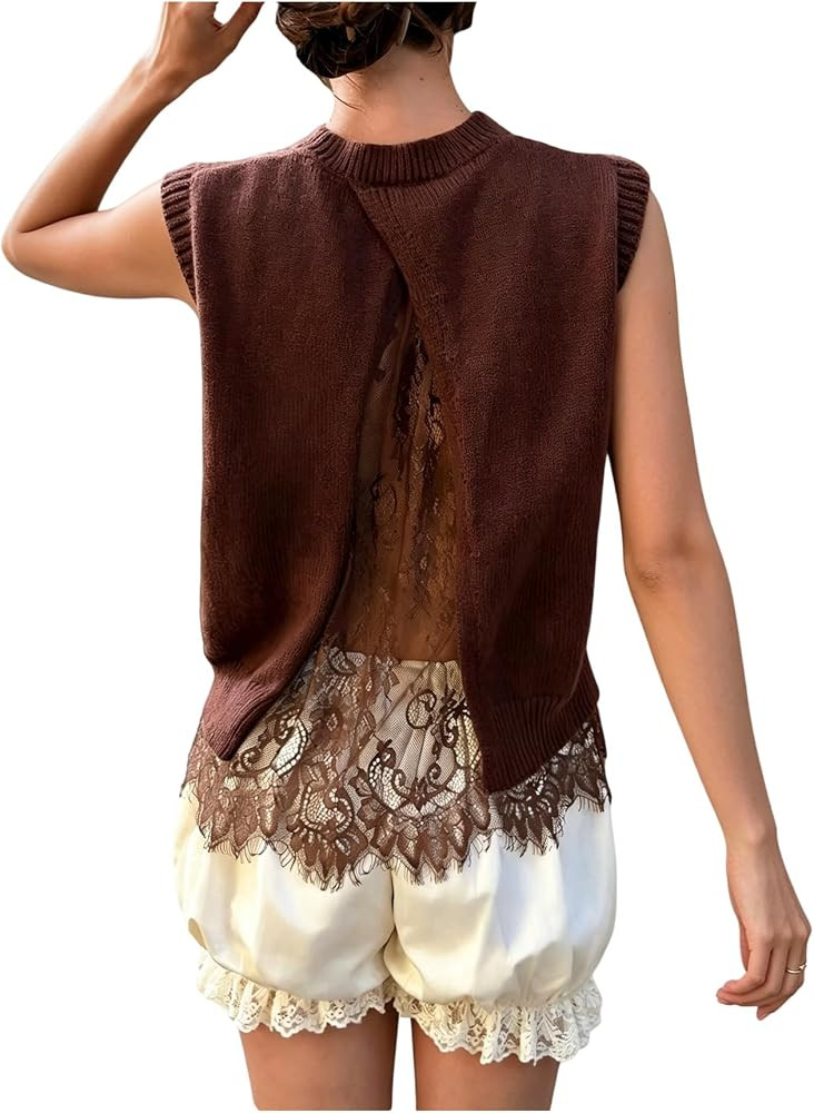 Verdusa Women's Lace Sweater Vest Sleeveless Open Back Tops Fall Outfits | Amazon (US)