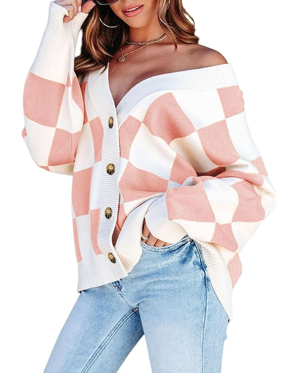 Dokotoo Womens Plaid V Neck Button Down Long Sleeve Cable Knit Oversized Cardigan Sweaters Tops | Amazon (US)