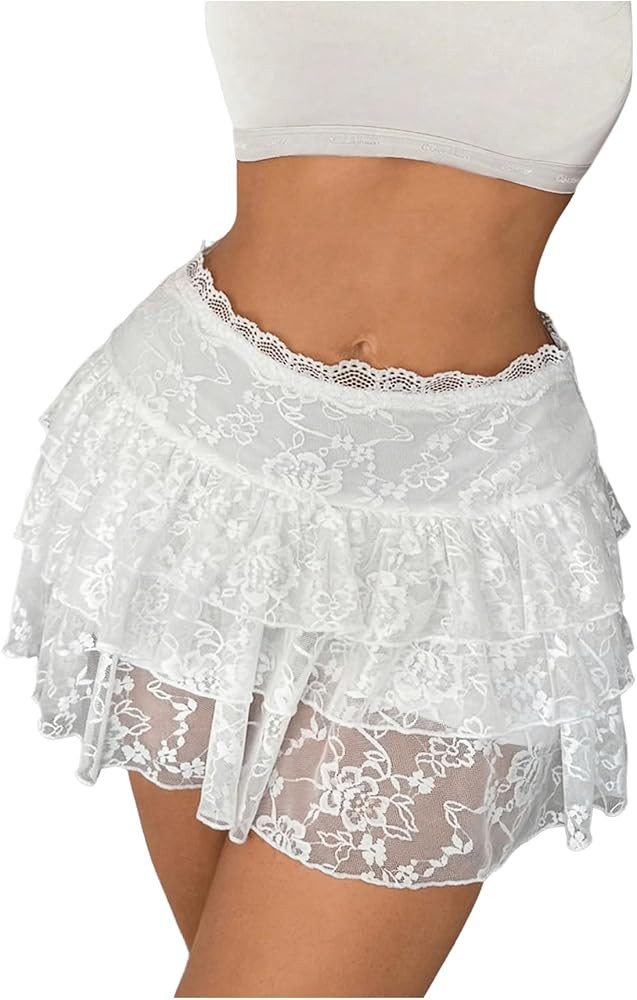 Amazon.com: SHENHE Women's Floral Lace Mini Skirt Y2k Low Waist Ruffle Hem Fairycore Layered Skir... | Amazon (US)