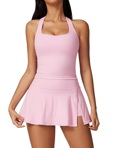 Womens 2 Piece Tennis Skirt Scoop Neck Racer-Back Sports Bra with High Waisted Side Slit Workout Tennis Skorts Athletic Set Yoga Golf Outfits for Women Two Piece Tennis Skirt Sets Pink M | Amazon (US)
