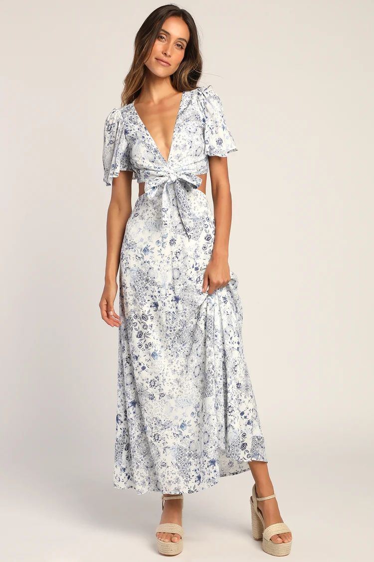 Stroll the Avenues White Floral Print Tie-Front Maxi Dress | Lulus (US)