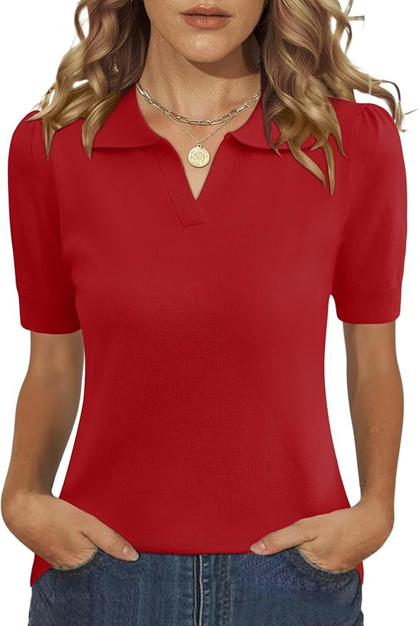 LOMON Cute Tops for Women Short Sleeve Shirt Business Casual Outfits Summer Lightweight Knit V Ne... | Amazon (US)