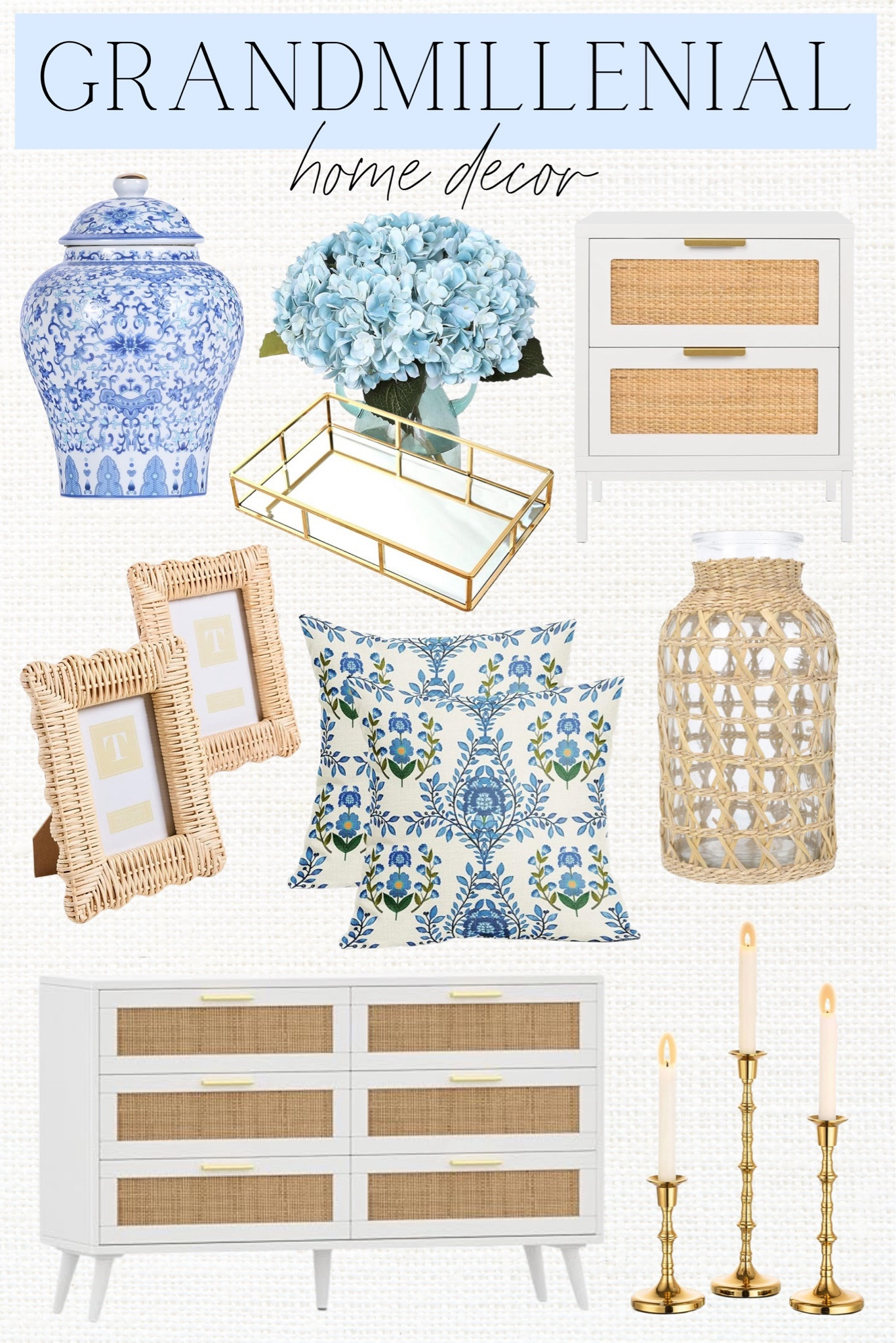 Coastal grandmillenial decor, coastal granddaughter decor, tortoise vase, blue & white decor, wicker frame, blue & white pillow, gold tray, cane nightstand, cane dresser, cane furniture

#LTKhome #LTKfindsunder100 #LTKfindsunder50
