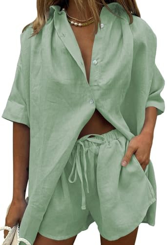 Fixmatti 2 Piece Summer Sets For Women Linen Short Set Button Up Shirt High Waisted Shorts With Pocket Celadon XL | Amazon (US)