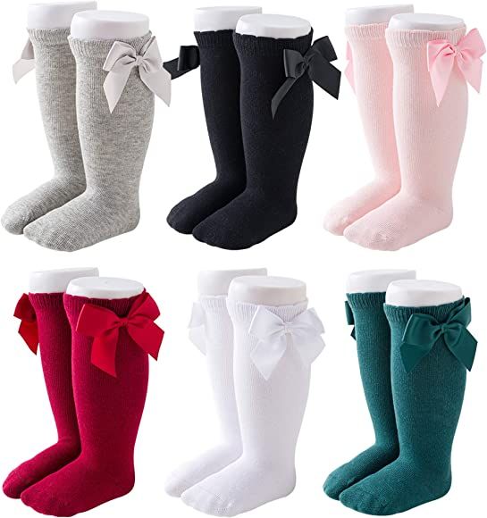 CozyWay Baby Girls Knee High Socks 3/6 Pack Bow Long Stockings Infants Toddlers Ruffled Socks Sch... | Amazon (US)