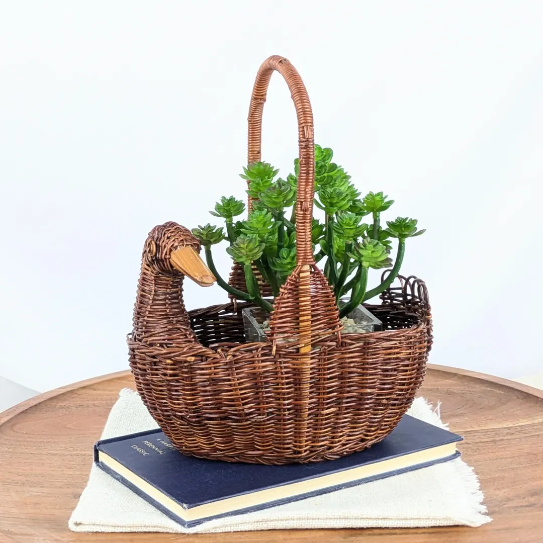 Vintage Duck Shaped Wicker Basket with Handle, Animal Shaped Woven Plant Display, Small Hand Wove... | Etsy (US)