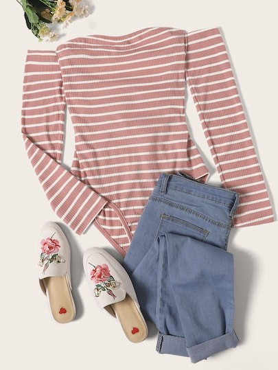 Striped Off The Shoulder Bodysuit | ROMWE