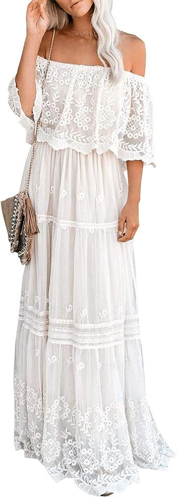 MERMAID'S CLOSET Women's Casual Off Shoulder Lace Maxi Dress Boho White Bridesmaid Wedding Evenin... | Amazon (US)