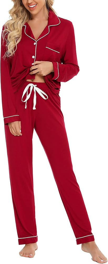 Senert Pajamas Set For Women Long Sleeve Sleepwear with Pockets Soft Button Down Shirt Long Pants... | Amazon (US)