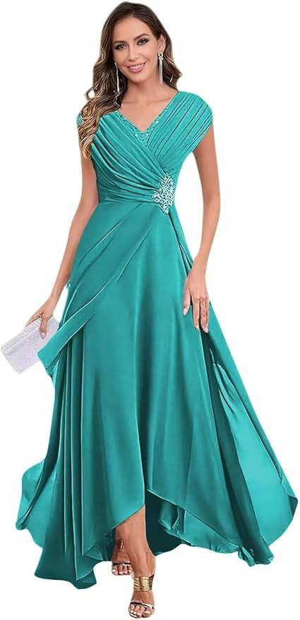 Cap Sleeve Mother of The Bride Dresses for Wedding Chiffon Lace Applique V Neck A Line Ruffle For... | Amazon (US)