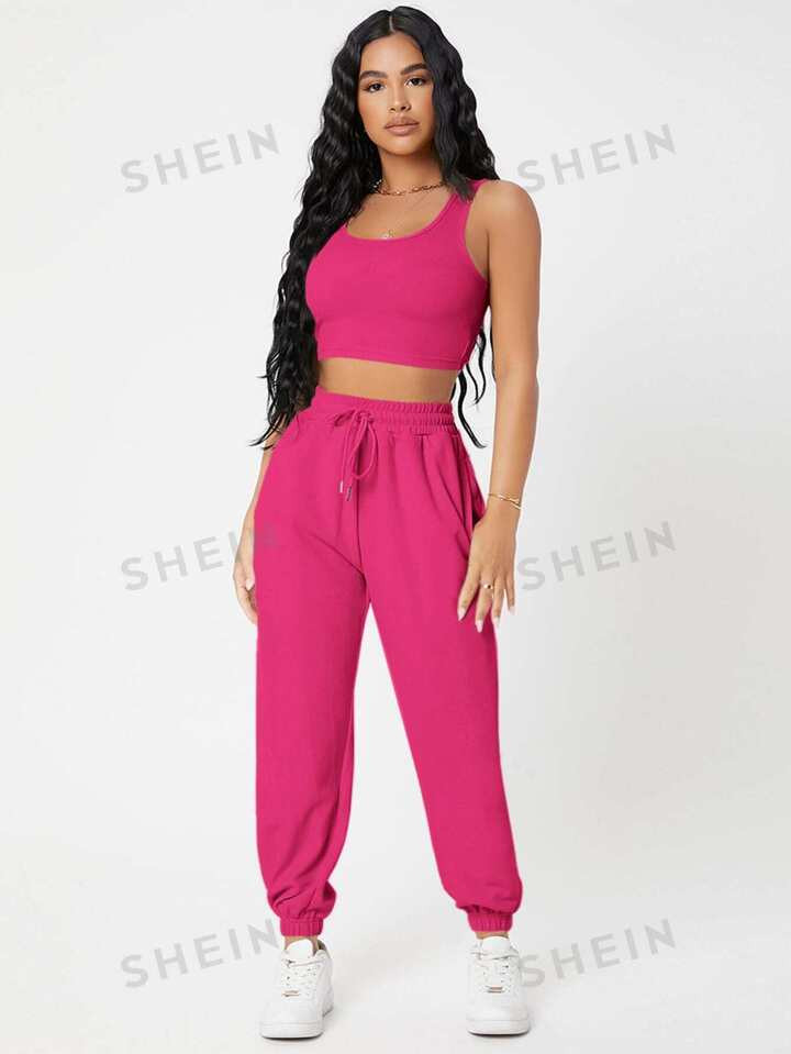 SHEIN PETITE Solid Crop Tank Top And Joggers Set | SHEIN