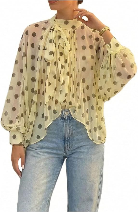 Floerns Women's Polka Dots Bishop Sleeve Shirts Tie Neck Mesh Dressy Casual Blouse Tops | Amazon (US)
