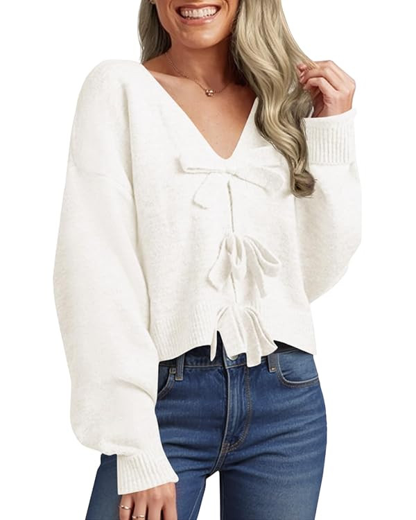 Saodimallsu Womens Bow Sweater Cropped V Neck Long Sleeve Fall Cozy Knit Loose Trendy Pullover Sw... | Amazon (US)