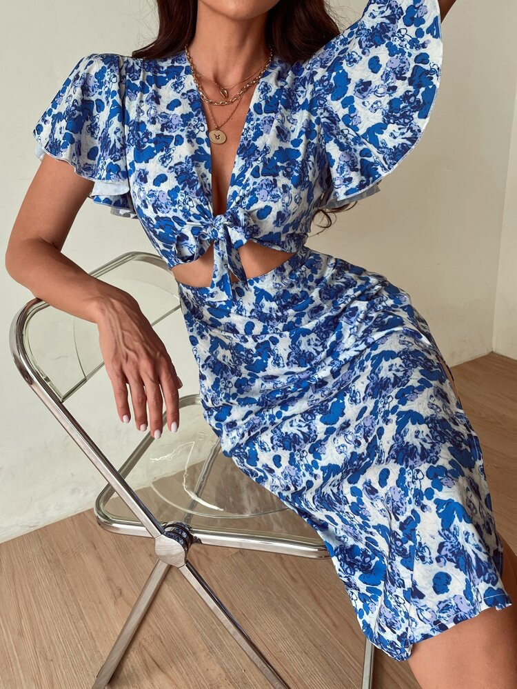 Allover Floral Print Tie Neck Butterfly Sleeve Dress | SHEIN