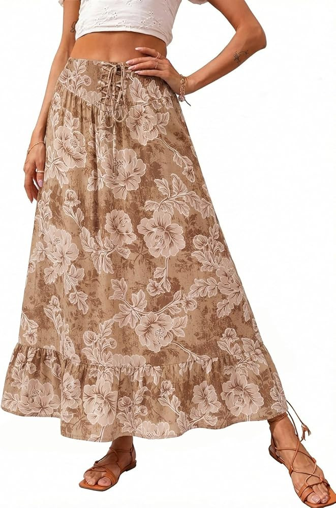 BLENCOT Women's Boho Floral Maxi Skirt High Waisted Smocked Tiered A-Line Long Skirts | Amazon (US)
