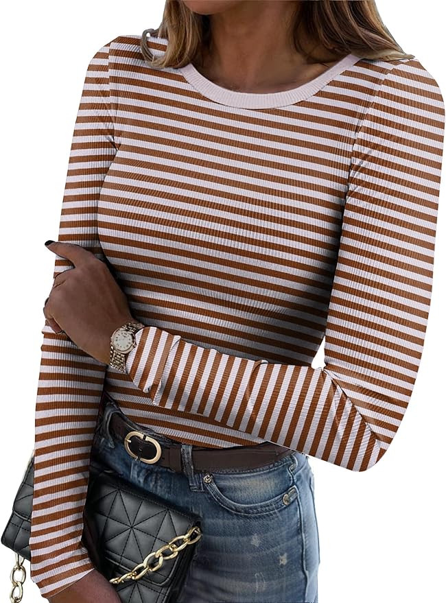 Zeagoo Womens Long Sleeve Stretch Crewneck Ribbed T-Shirt Slim Fit Casual Basic Tops S-XXL | Amazon (US)