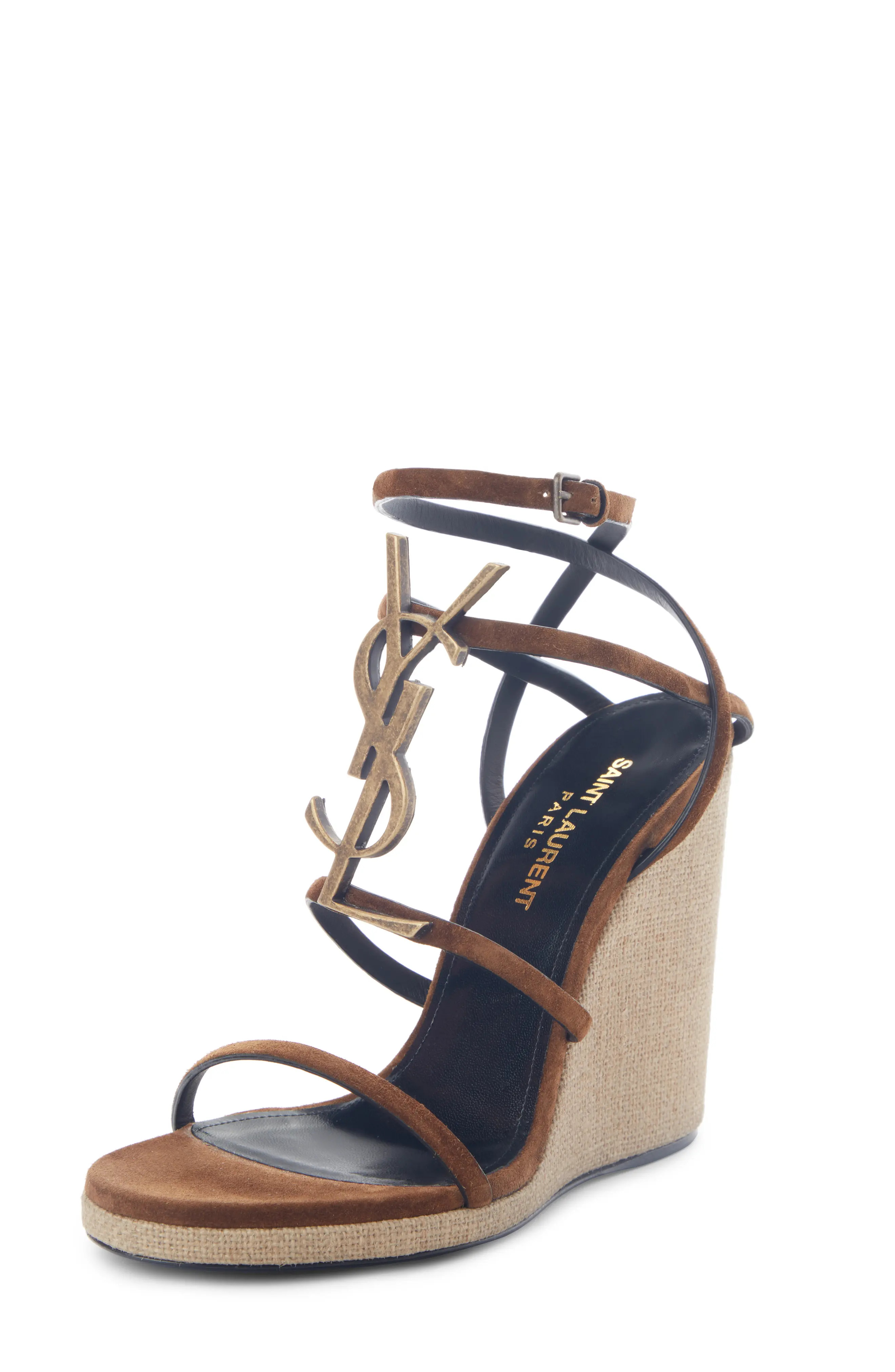 Women's Saint Laurent Cassandra Ysl Wedge Sandal, Size 4.5US - Brown | Nordstrom