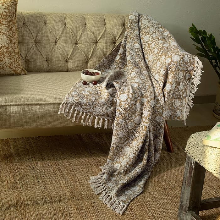100% Pure Cotton Handblock Printed Throw Blanket, Soft 50" x 60" Fringed Floral Print Throw for C... | Amazon (US)