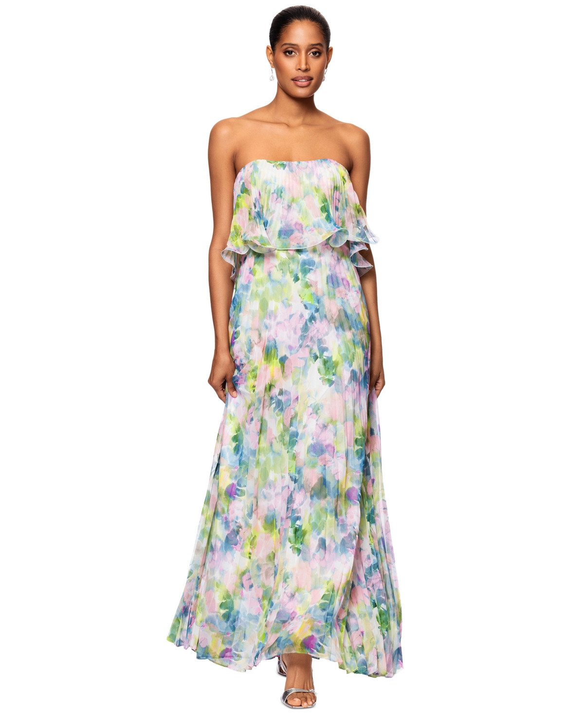 Betsy & Adam Women's Printed Pleated Strapless Gown - Multi | Macy's