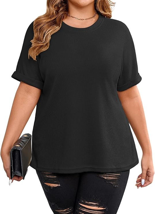 TAKEYAL Plus Size Tops For Women Waffle Knit Shirts Boat Neck Short Sleeve Tunic Tops Summer Casu... | Amazon (US)