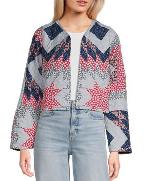 Adeline Patchwork Print Round Neck Long Sleeve Quilted Jacket | Dillard's