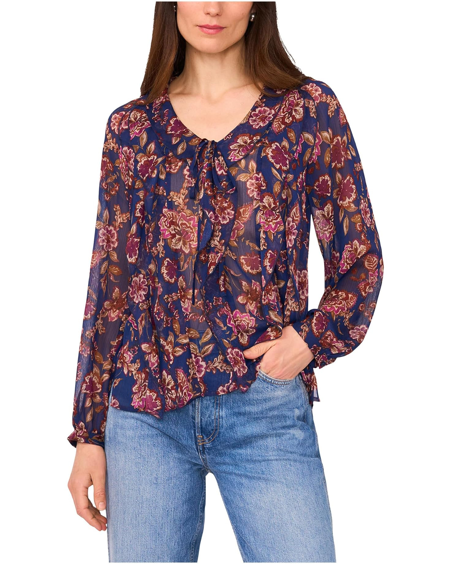 Long Sleeve V-Neck with Centerfront Ruffle | Zappos