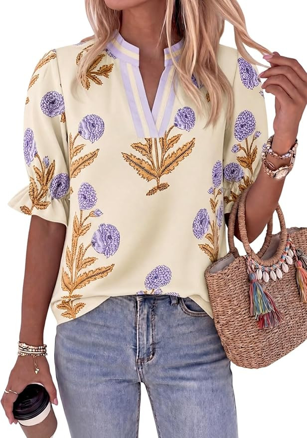 Cicy Bell Womens Summer Floral Blouses Puff Ruffle Sleeve V Neck Boho Shirts Dressy Casual Flowy ... | Amazon (US)