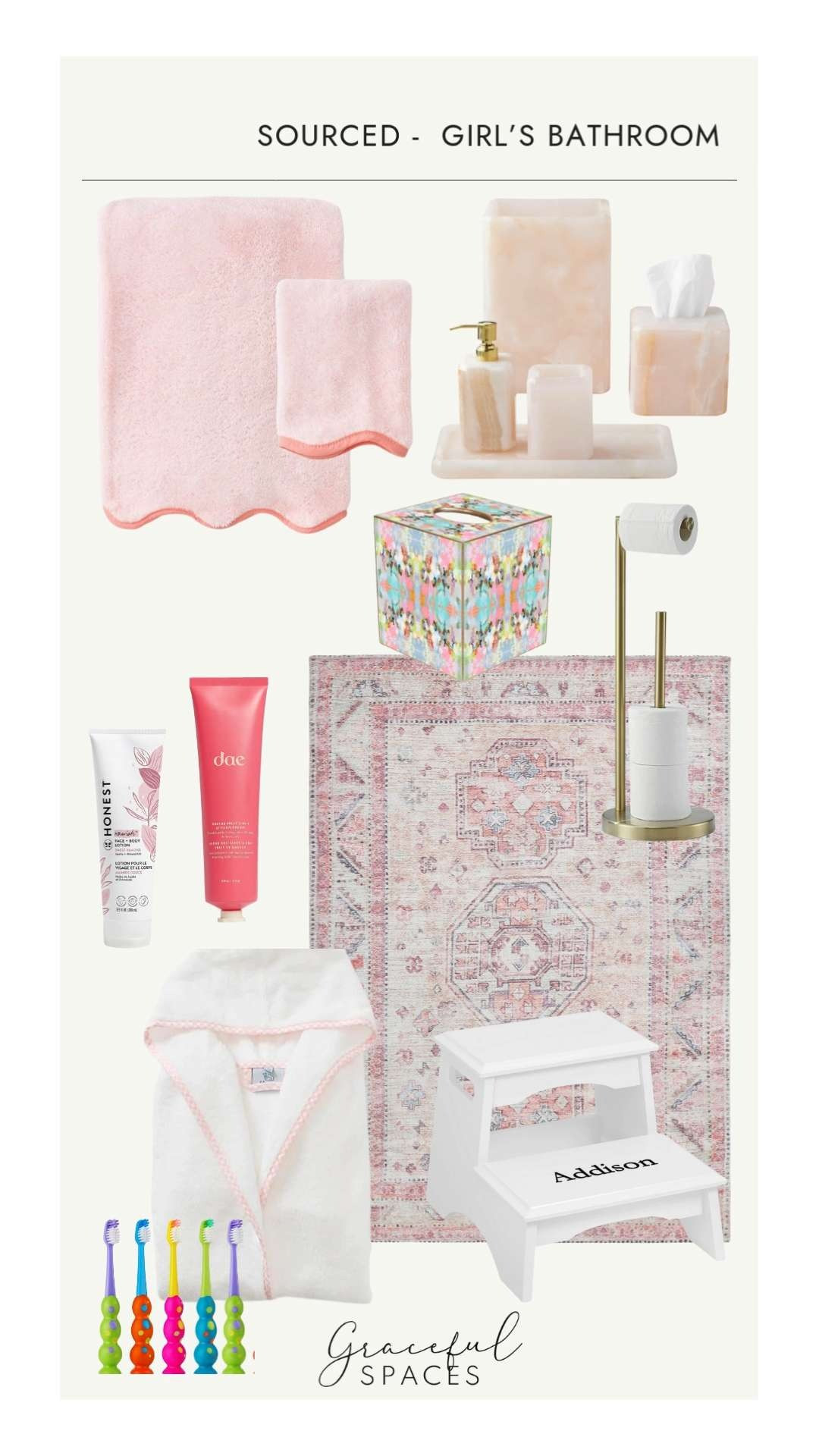 Our amazing Sourced Team found the perfect products for the sweetest girls' bathrooms at one of our latest projects.  Weezie Towels, Williams Sonoma Home, Pottery Barn, and more brought these spaces to life.  This Pottery Barn Kids rug is even washable! 

 #LTKHome #LTKFindsUnder100 #LTKKids