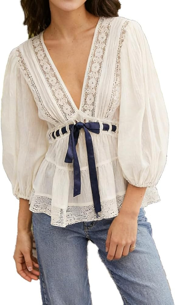 Women Boho Lace Tie Front Top Sheer V Neck Puff Sleeve Flowy Shirt Coquette Aesthetic Chiffon Pep... | Amazon (US)