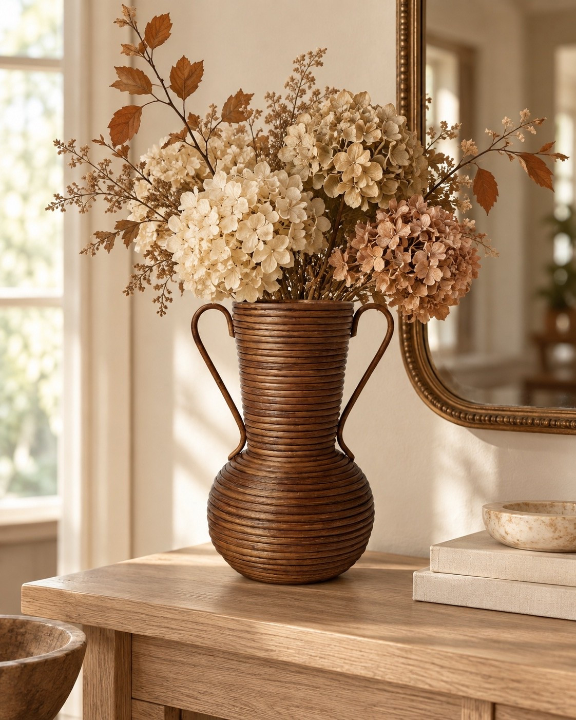 This woven rattan vase is such a beautiful statement piece for fall 🤎 I love the warm wood tone, textured design, and vintage-inspired handles. Style it with dried hydrangeas or fall branches for an easy cozy update to an entryway table, mantel, or console table! 🍂

#LTKSeasonal #LTKHome