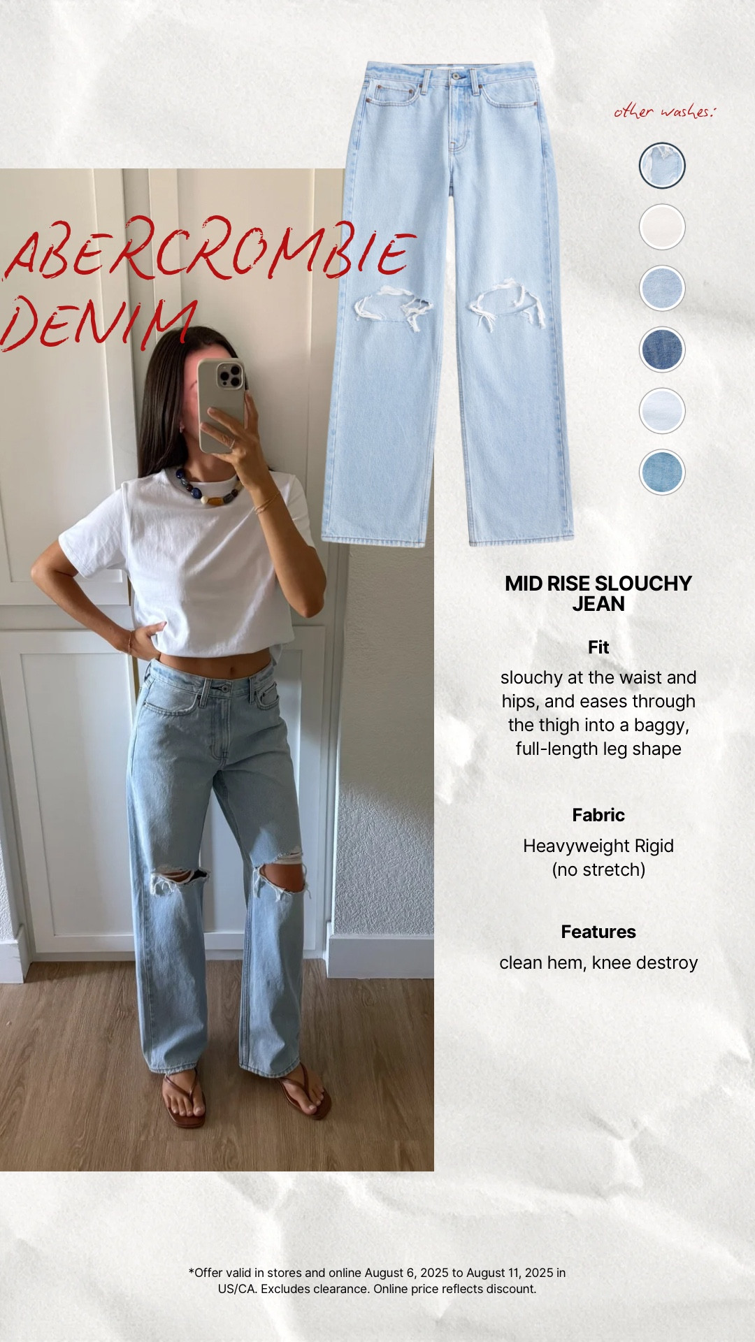 30-50% off all jeans at @abercrombie, 20% Off Almost Everything Else, plus you get an EXTRA 15% off with code DENIMAF which stacks on top of the sale! This is HUGE! #abercrombiepartner

I am 5’7” and I wear size 25 in Abercrombie jeans. This is my true size and my waist measures 25” around my navel. I also order all of my AF denim in their “Curve Love” style which keeps the waist measurement the same while adding an extra 2 inches in the hip & thighs. I wear XS in everything else at Abercrombie!

*Offer valid in stores and online August 6, 2025 to August 11, 2025 in US/CA. Excludes clearance. Exclusions apply as indicated. Online price reflects discount. *Use code DENIMAF at checkout August 6, 2025 to August 11, 2025 in US/CA. Exclusions apply. See details online.
