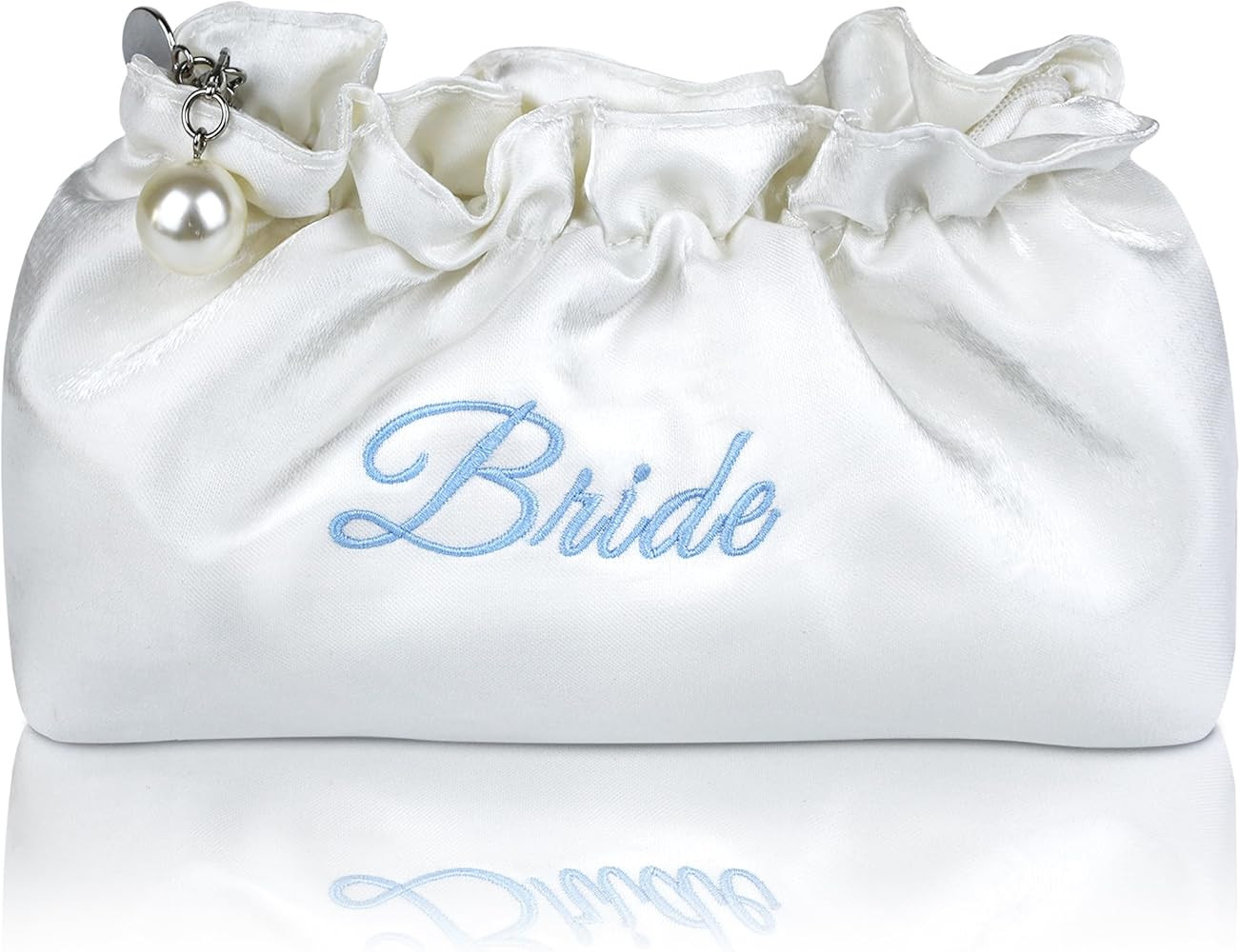 Creamy White Satin Bride Cosmetic Bag Something Blue Embroidered Silk Makeup Bag Bling Pearl Brid... | Amazon (US)