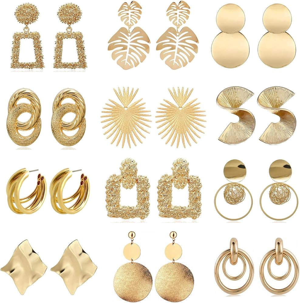 LANTAI 12 Pairs Fashion Statement Earrings Boho Geometric Dangle Earrings Gold Hoop Earrings for ... | Amazon (US)