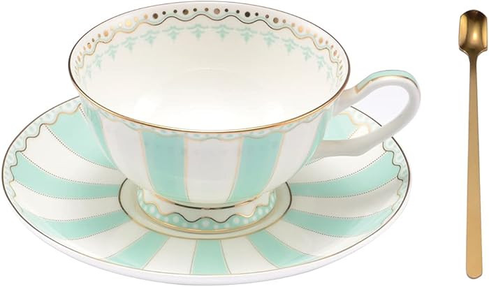 Bone China Tea Cup Set with Saucer Spoon - 3 Piece Set (7oz) - Cappuccino & Latte Cups - Mother's... | Amazon (US)