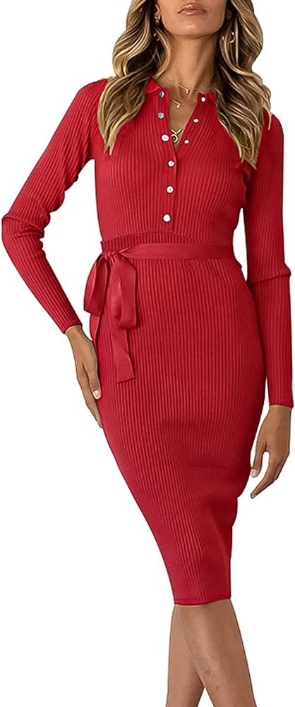 Panegy Women’s Longsleeve Pullover Sweater Dresses Tie Waist Knitted Tunic Dress | Amazon (US)