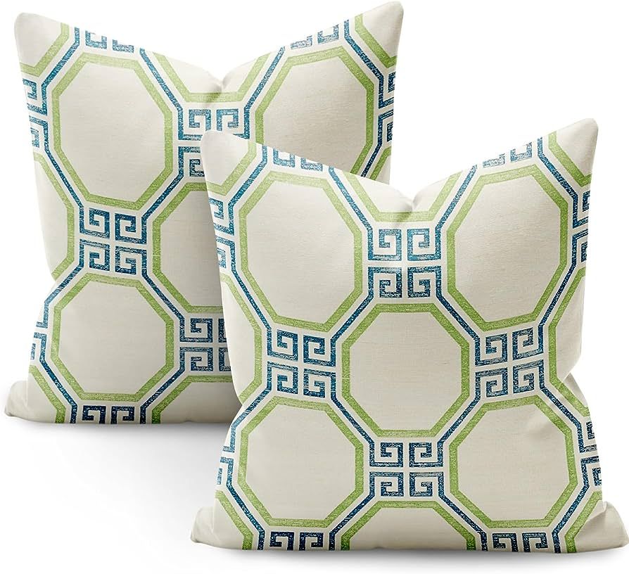 SMF Chinoiserie Pillow Covers 18x18 Set of 2,Greek Key Green Pillow Cover Abstract Stripes Linen ... | Amazon (US)