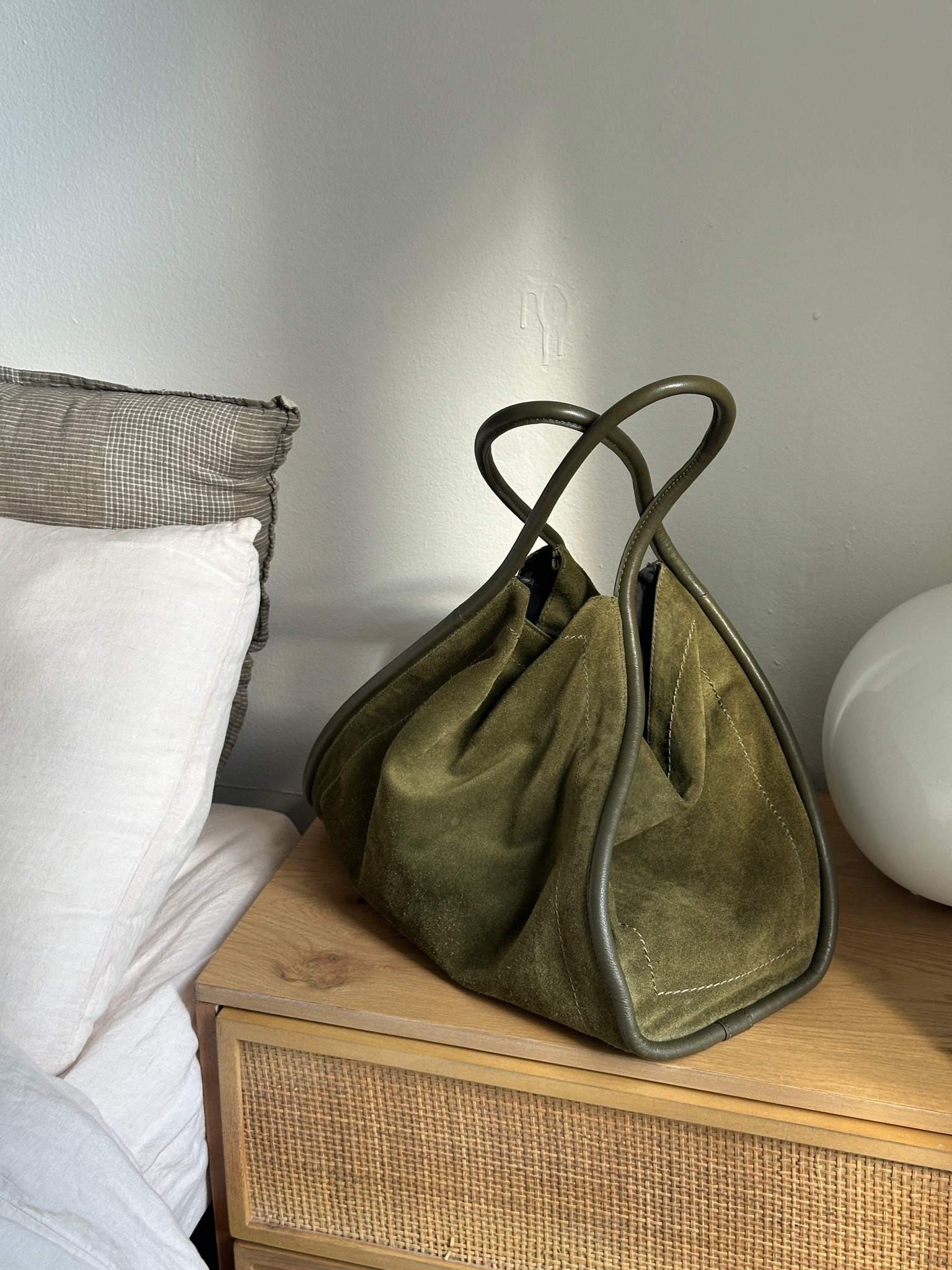 Suede olive green tote bag
