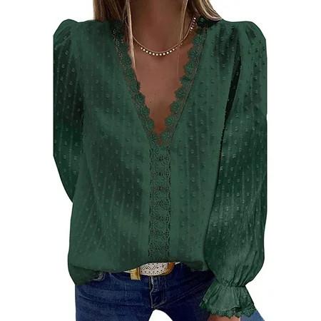 dmqupv Women s Long Sleeve Work Tops Elegant Womens Chiffon Blouse V Neck Casual Long Sleeve Dot Blo | Walmart (US)