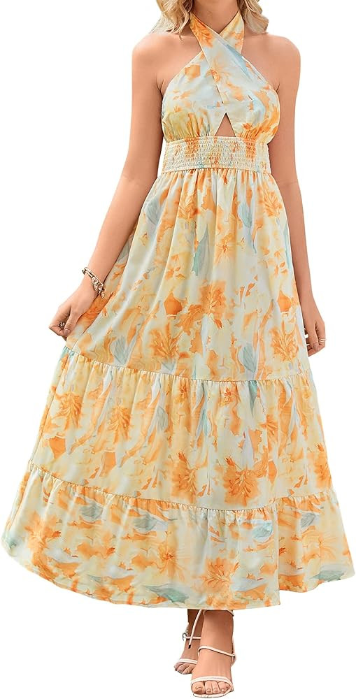 ZESICA Women's 2024 Summer Crossover Halter Neck Sleeveless Plaid Cut Out Backless Flowy A Line M... | Amazon (US)