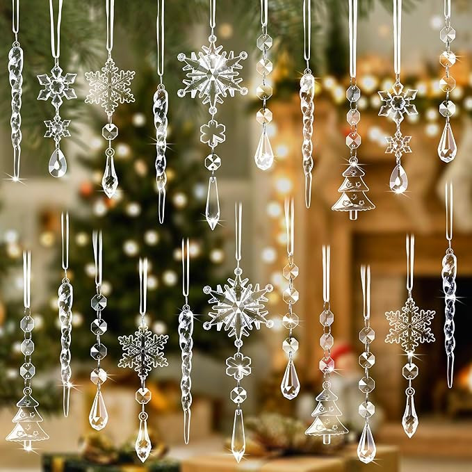 21 PCS Clear Crystal Christmas Ornaments for Christmas Tree Decorations,Acrylic Snowflake Icicle ... | Amazon (US)