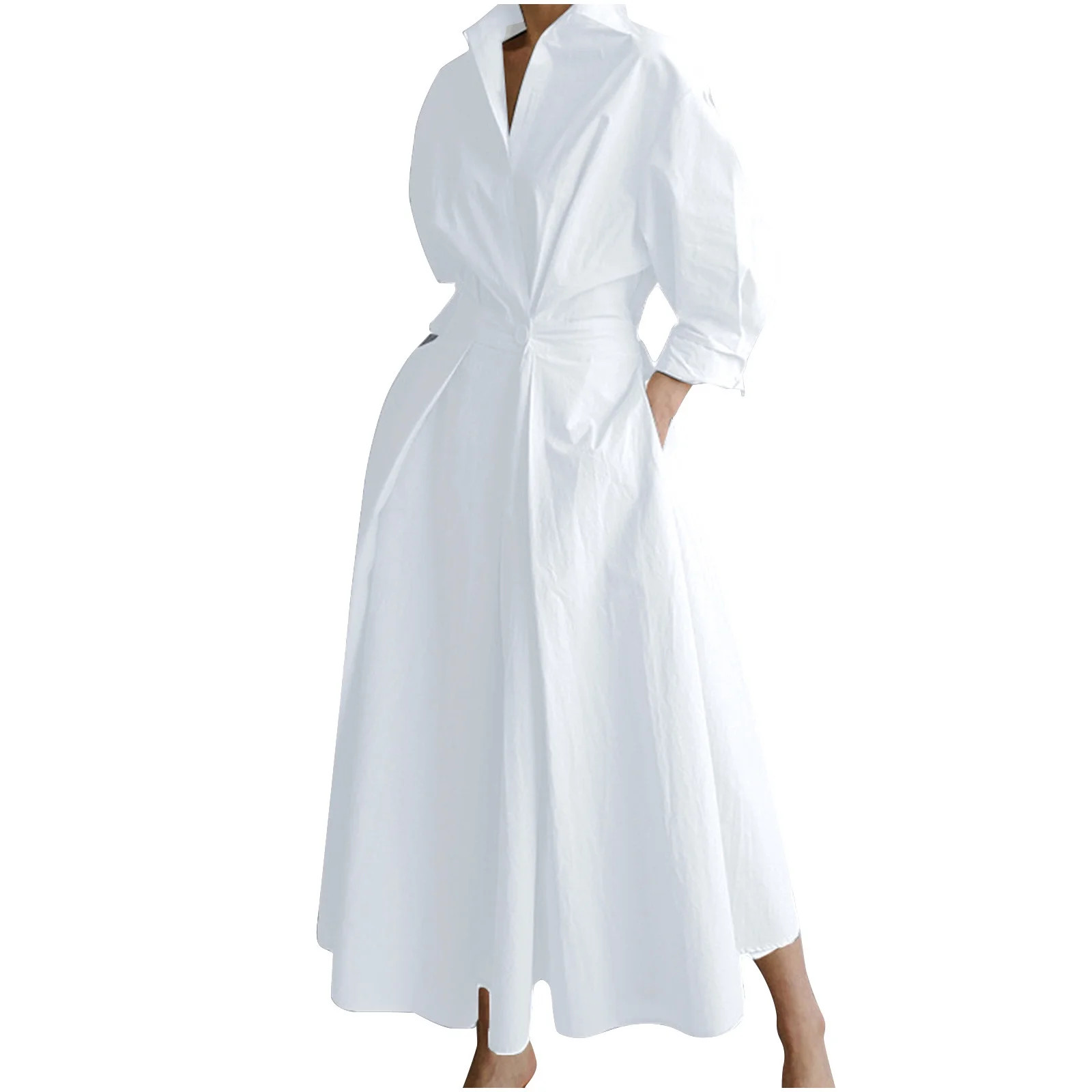 cfhntfmh Women's Casual Dresses Long Sleeve Collared V Neck Long Maxi Dress with Pockets Lounge F... | Walmart (CA)
